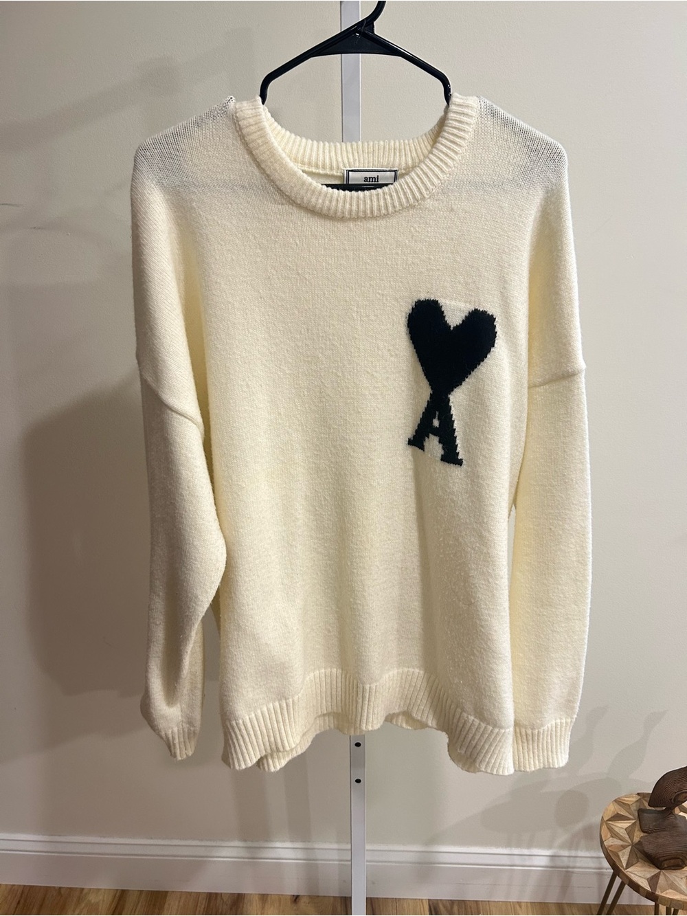 Ami Cream Crewneck Sweater with Black Heart 'A' Logo